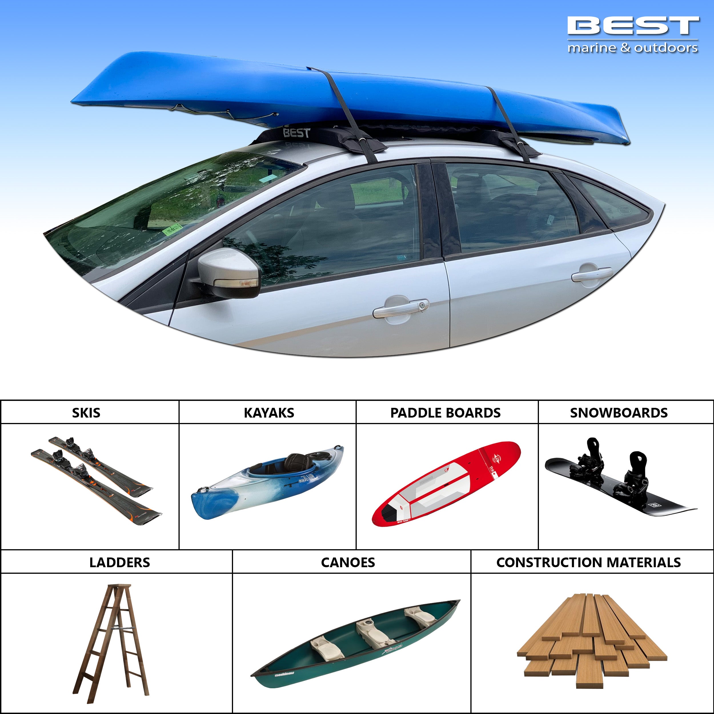 Best Marine and Outdoors Best Marine Roof Rack Pads 38' Universal Roof Rack Carrier for Kayaks Canoe Sup Paddle Board Surfboard & Luggage XL Kayak